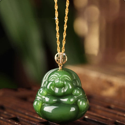 Wear FengShui 925 Sterling Silver Laughing Buddha Hetian Cyan Jade 18K Gold Success Necklace Chain Pendant