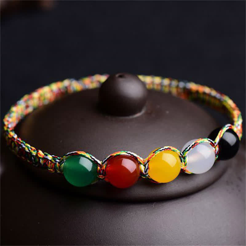 Wear FengShui Colorful Agate Metal Wood Water Fire Earth Five Elements String Bracelet