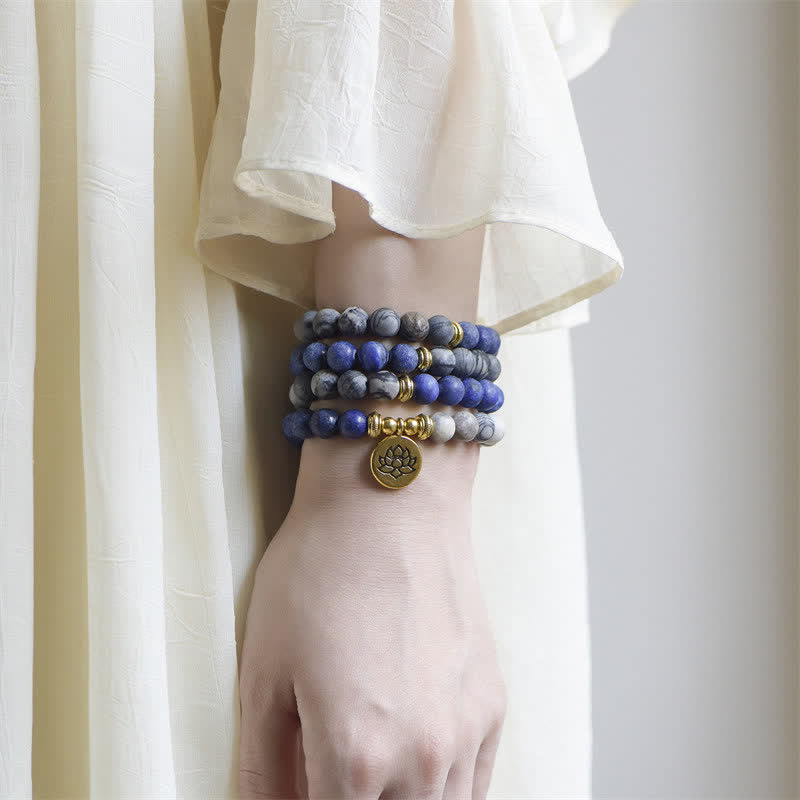 Wear FengShui Lazurite Picasso Jasper Amazonite Rhodonite Apatite Positive Lotus Prayer Bead Bracelet