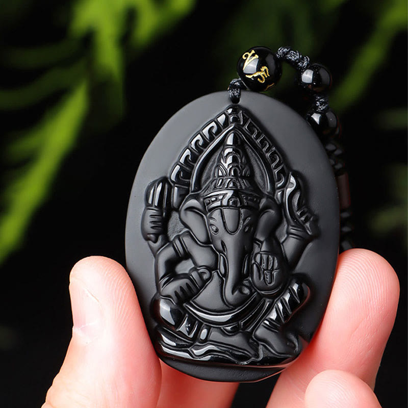 Wear FengShui Tibetan Obsidian Ganesh Ganpati Elephant Wealth Amulet Necklace