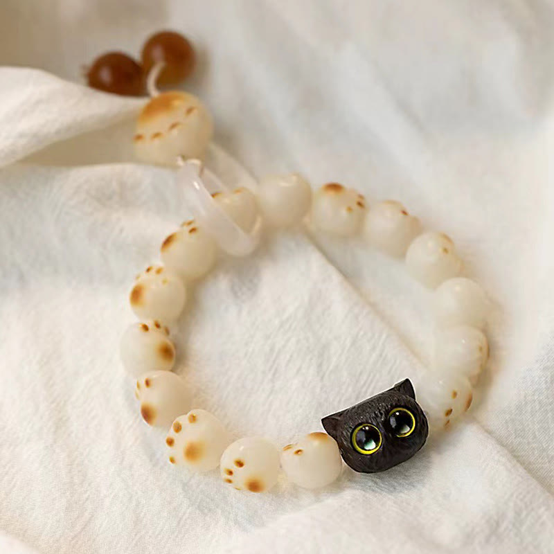 Wear FengShui Natural Bodhi Seed Red Sandalwood Lovely Paw Lucky Cat Peace Bracelet