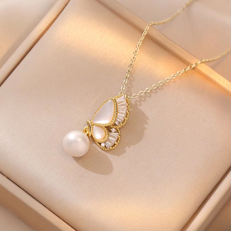 Wear FengShui Tridacna Stone Pearl Bead Butterfly Healing Necklace Pendant Earrings Set