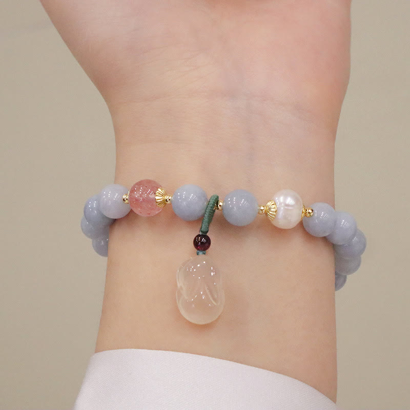 Wear FengShui Natural Aquamarine Chalcedony Serenity Rabbit Gourd Cat Charm Bracelet