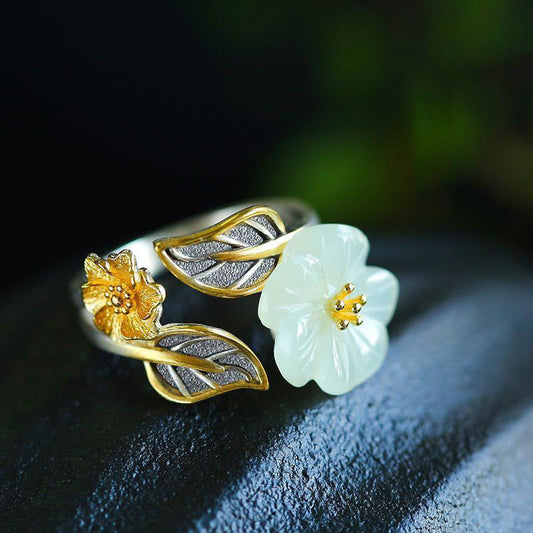 Wear FengShui 925 Silver Plated Copper White Jade Plum Flower Leaf Luck Ring
