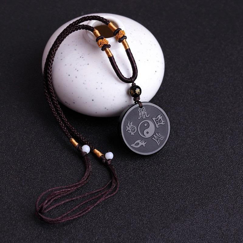 Wear FengShui Natural Black Obsidian Taoism Five Sacred Mountains Nine-Character Mantra Carved Strength Yin Yang Necklace Pendant Key Chain
