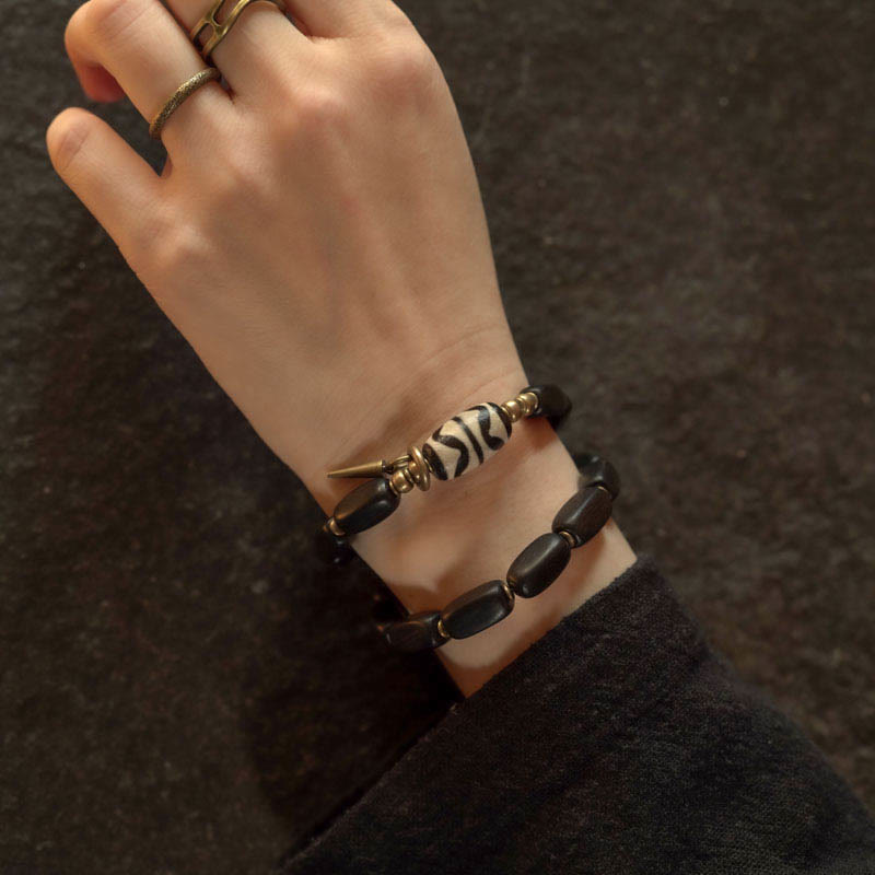 Wear FengShui Tibet Ebony Wood Dzi Bead Copper Balance Double Wrap Bracelet