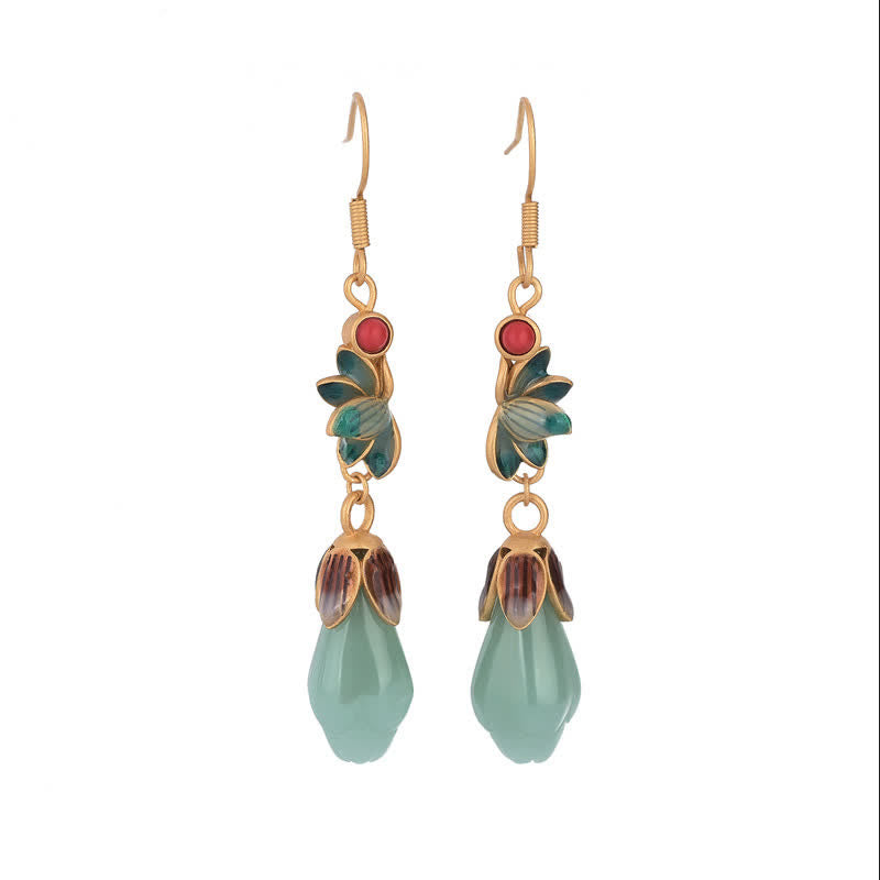 Wear FengShui Magnolia Flower Jade Pattern Luck Prosperity Drop Dangle Earrings