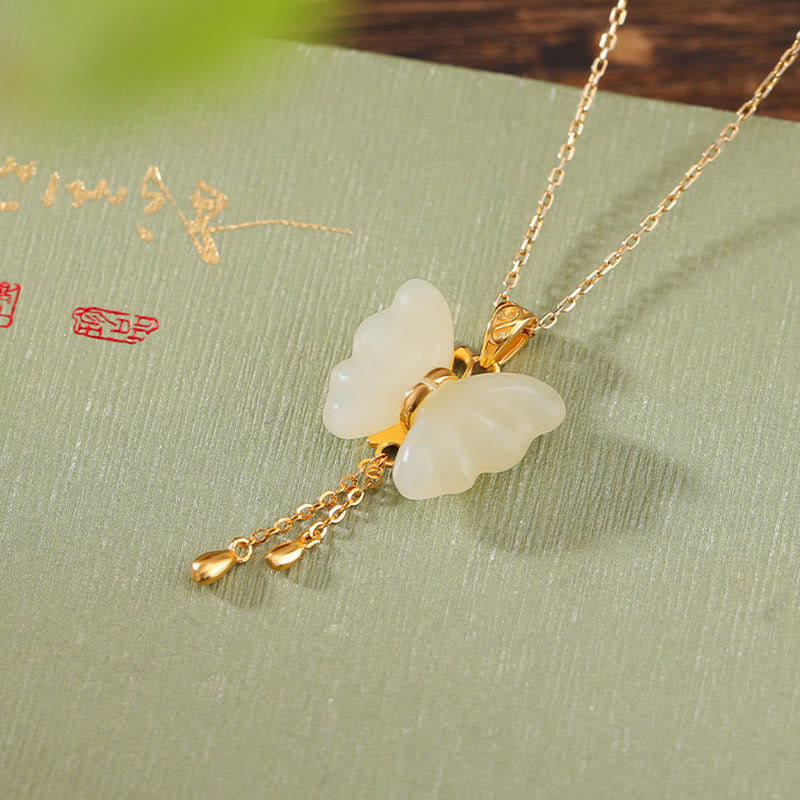 Wear FengShui 925 Sterling Silver Plated Gold Hetian White Jade Butterfly Blessing Necklace Pendant