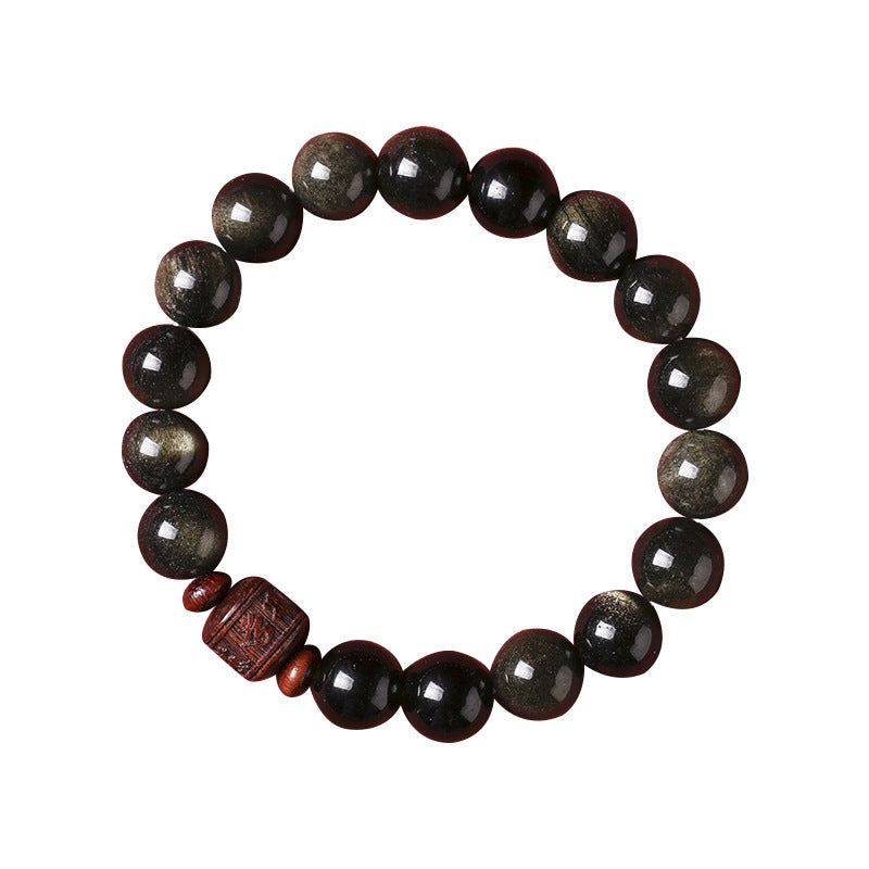 Wear FengShui Natural Gold Sheen Obsidian Rainbow Obsidian Om Mani Padme Hum Fu Character Healing Bracelet