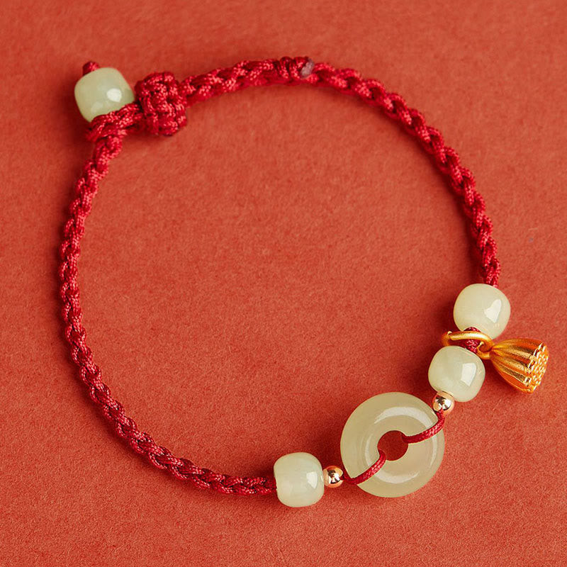 Wear FengShui Round Peace Buckle Jade Lotus Happiness Abundance Wealth String Bracelet