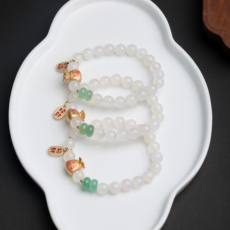 Wear FengShui Natural White Agate Red Agate Money Bag Fu Character Four Leaf Clover Protection Bracelet