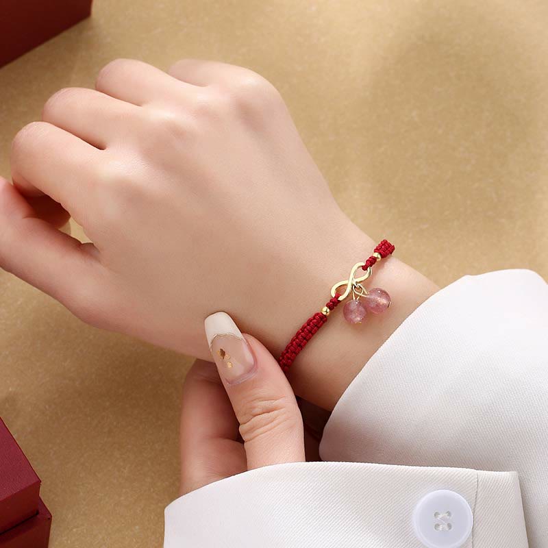 Wear FengShui Strawberry Quartz Crystal Endless Knot Love Healing Red String Weave Bracelet