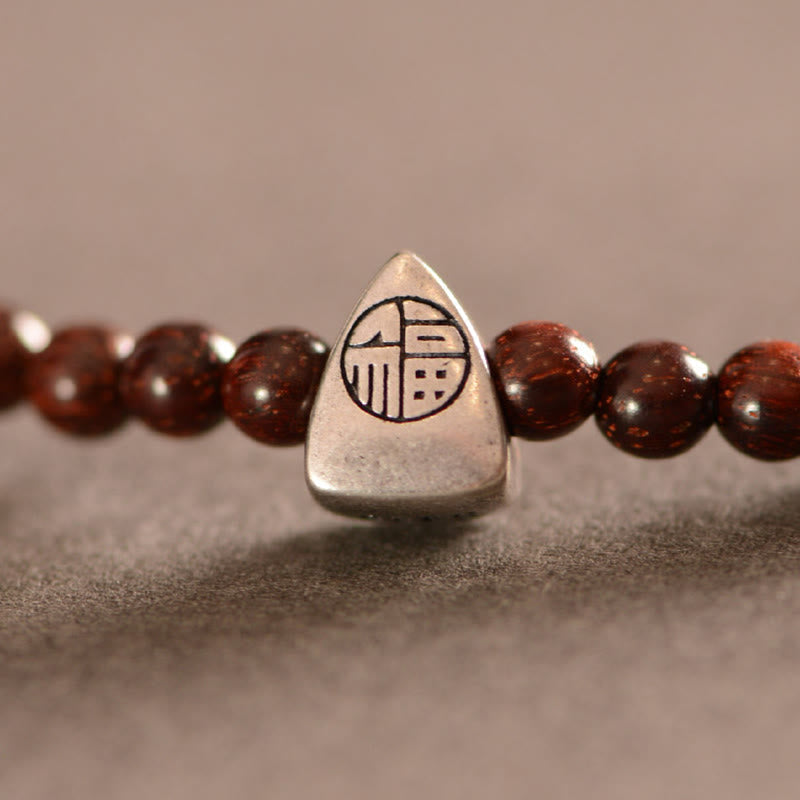Wear FengShui 925 Sterling Silver Indian Small Leaf Red Sandalwood Fu Character Protection Triple Wrap Bracelet