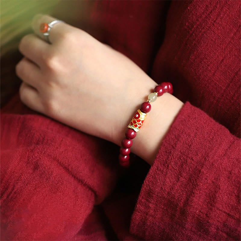 Wear FengShui Natural Cinnabar Lucky Koi Fish Hetian Jade Bead Blessing Bracelet