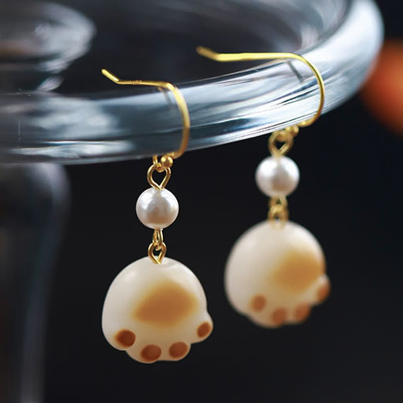 Wear FengShui Bodhi Seed Lovely Cat Paw Claw Peace Dangle Drop Earrings