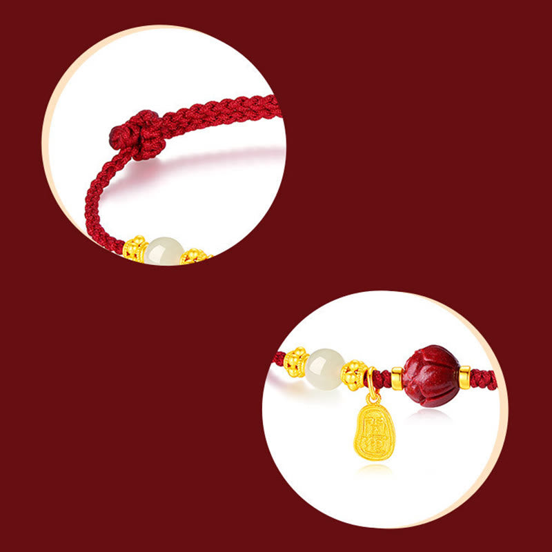 Wear FengShui 24K Gold Plated Hetian White Jade Cinnabar Lotus Luck Rope Bracelet