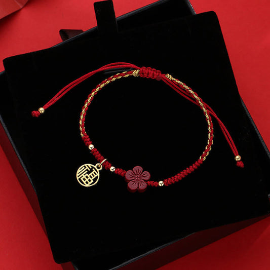 Wear FengShui Cinnabar Flower Fu Character Blessing Braided String Bracelet