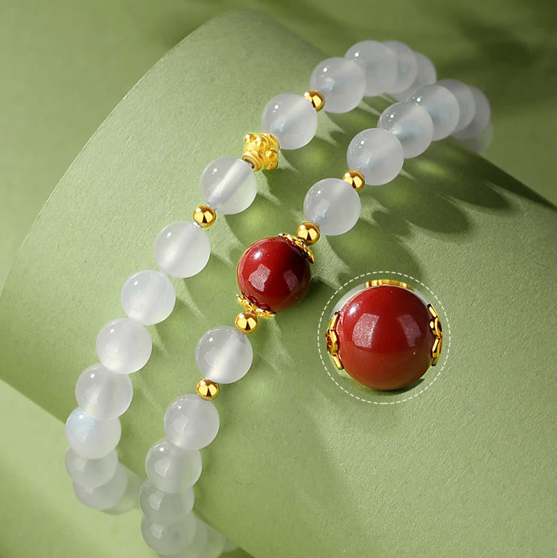 Wear FengShui 925 Sterling Silver Natural White Agate Cinnabar Double Wrap Protection Bracelet