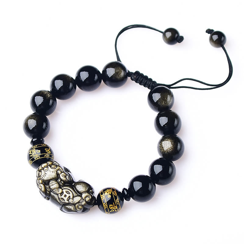 Wear FengShui Natural Gold Sheen Obsidian PiXiu Om Mani Padme Hum Wealth Braided Bracelet