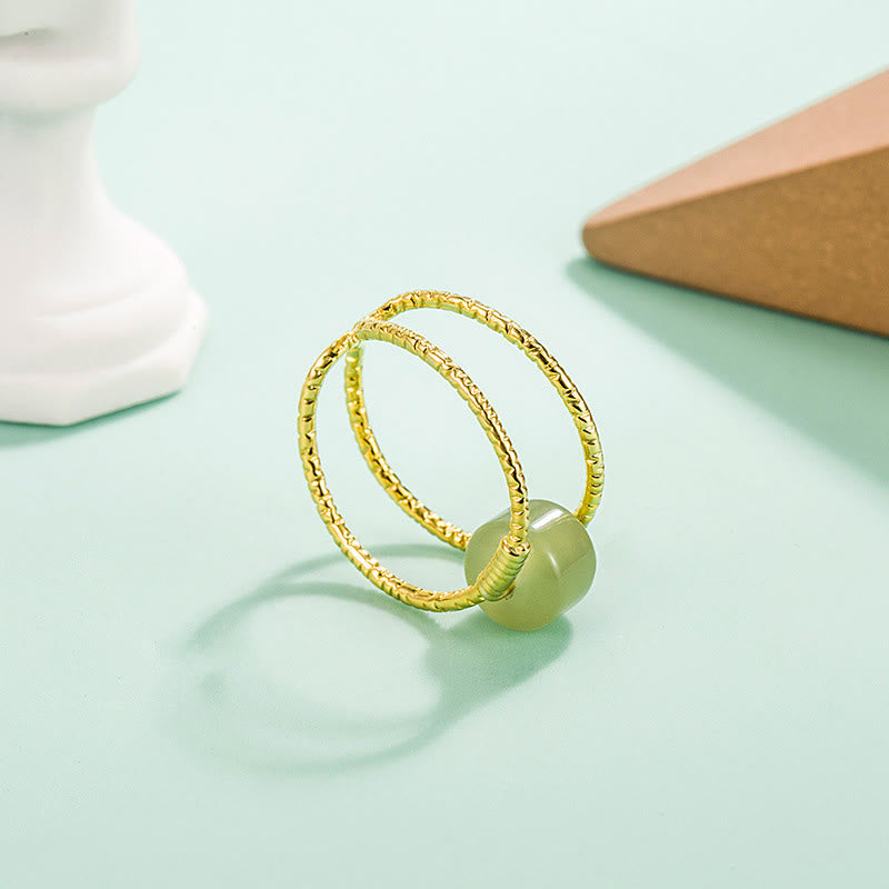 Wear FengShui Round Jade Pearl Bead Double Layer Copper Luck Adjustable Ring