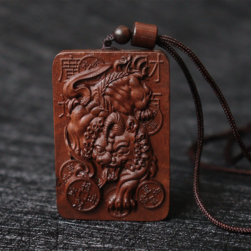 Wear FengShui Natural Lightning Struck Jujube Wood PiXiu Copper Coin Good Fortune Necklace Pendant