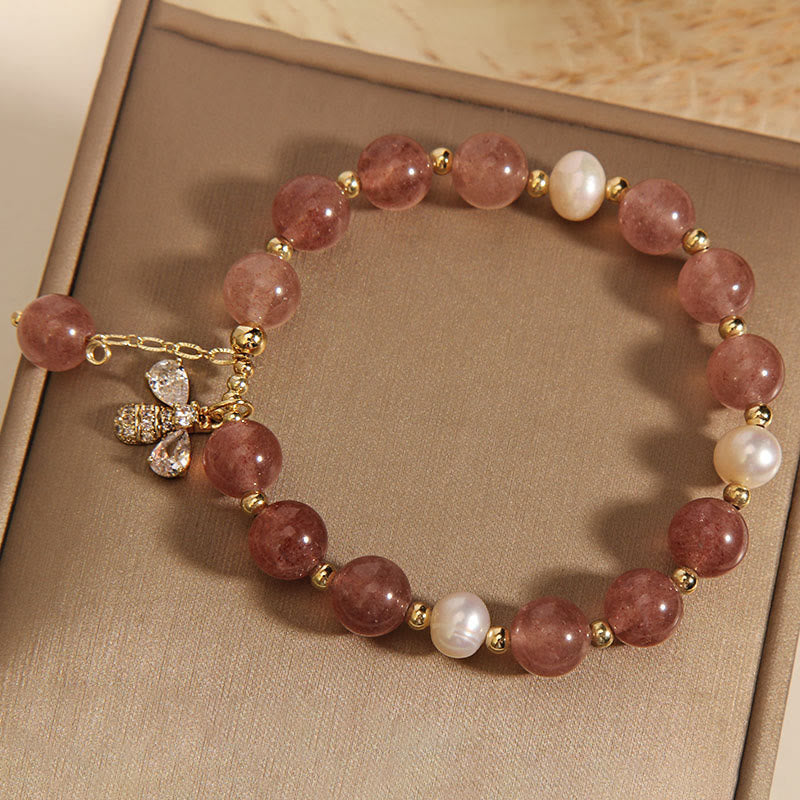 Wear FengShui Strawberry Quartz Pearl Cute Zircon Honeybee Positive Charm Bracelet