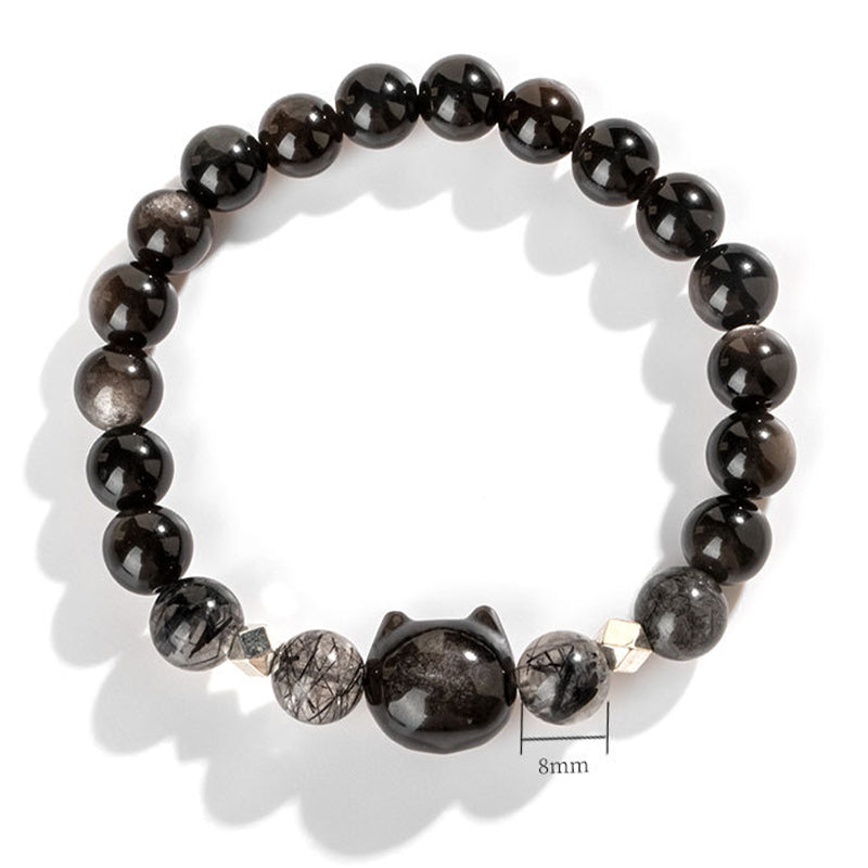 Wear FengShui Natural Silver Sheen Obsidian Cute Cat Head Protection Bracelet