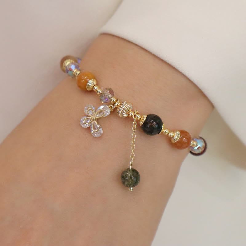 Wear FengShui Natural Fu Lu Shou Rainbow Crystal Rutilated Quartz Wealth Butterfly Charm Bracelet
