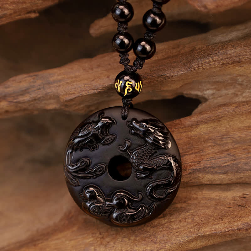 Wear FengShui Black Obsidian Dragon Phoenix Mandarin Duck Luck Protection Necklace Pendant