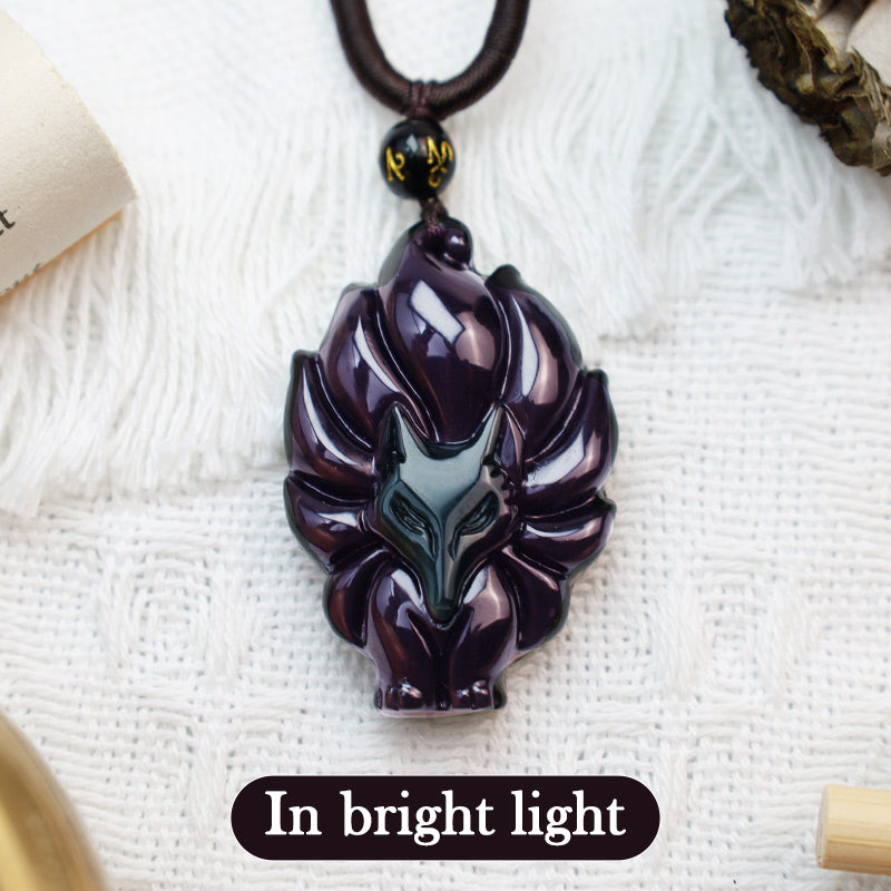 Wear FengShui Natural Rainbow Obsidian Gold Sheen Obsidian Nine Tailed Fox Positive Necklace Pendant
