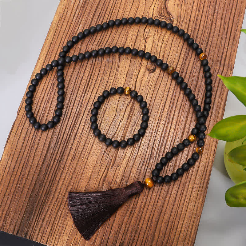 Wear FengShui 108 Mala Beads Frosted Stone Tiger Eye Balance Bracelet Necklace Pendant