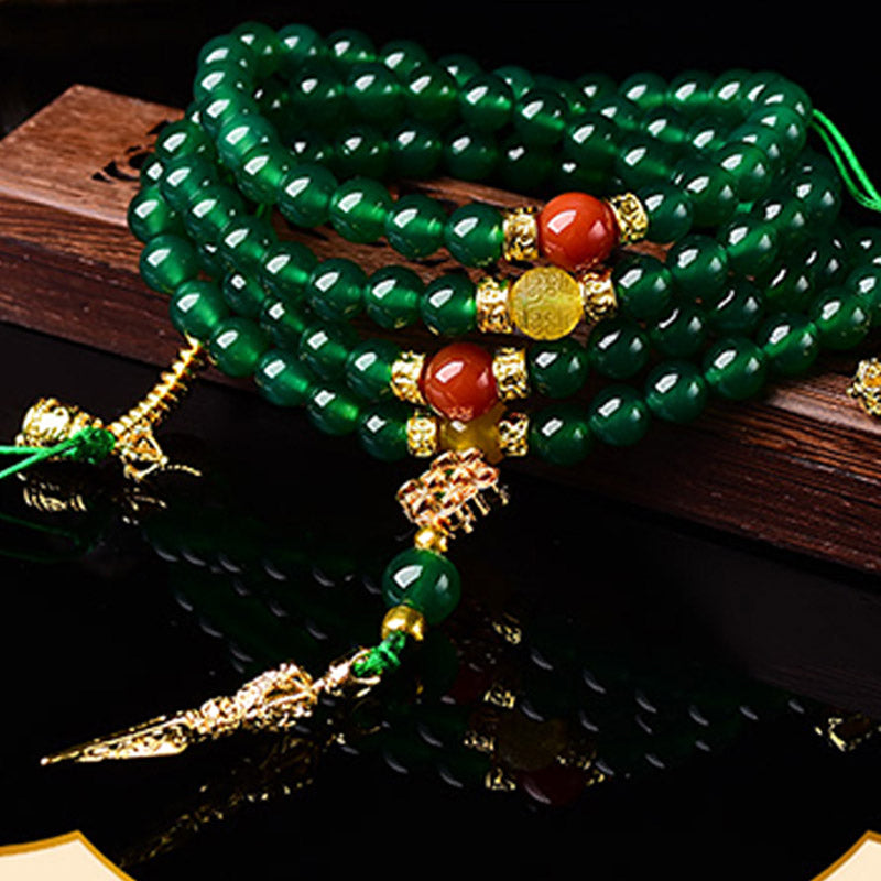 Wear FengShui 108 Beads Natural Green Agate Success Bracelet Mala