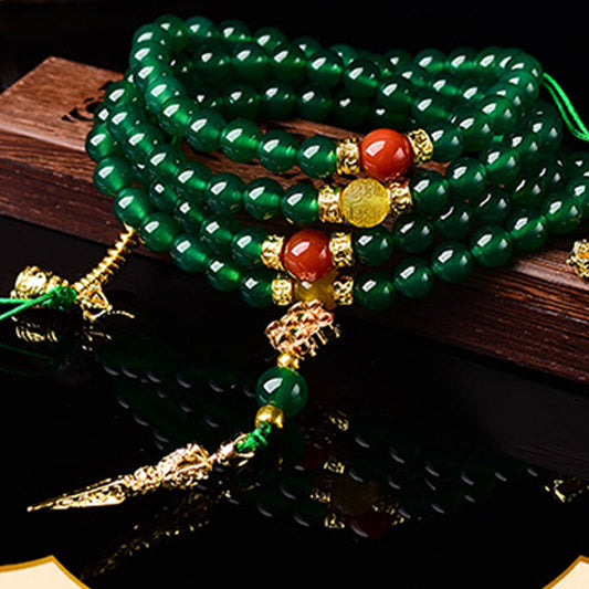 Wear FengShui 108 Beads Natural Green Agate Success Bracelet Mala