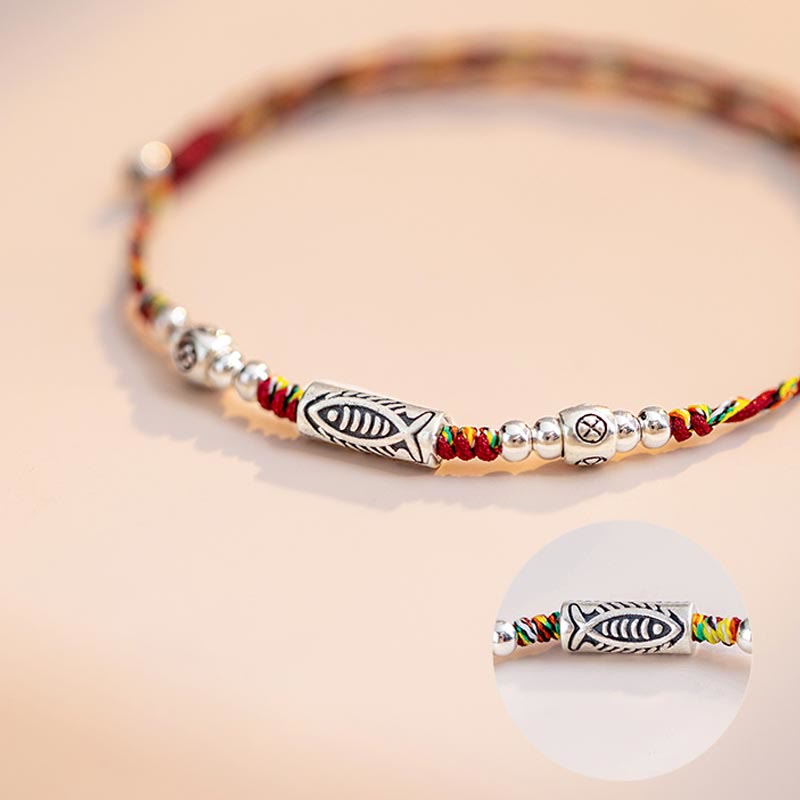 Wear FengShui 925 Sterling Silver Luck Koi Fish Braided Colorful String Bracelet Anklet