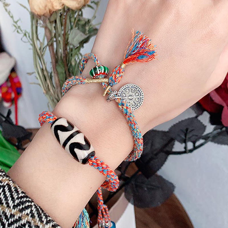 Wear FengShui Tibetan 925 Sterling Silver Om Mani Padme Hum Handmade Dzi Bead Protection Braid Bracelet