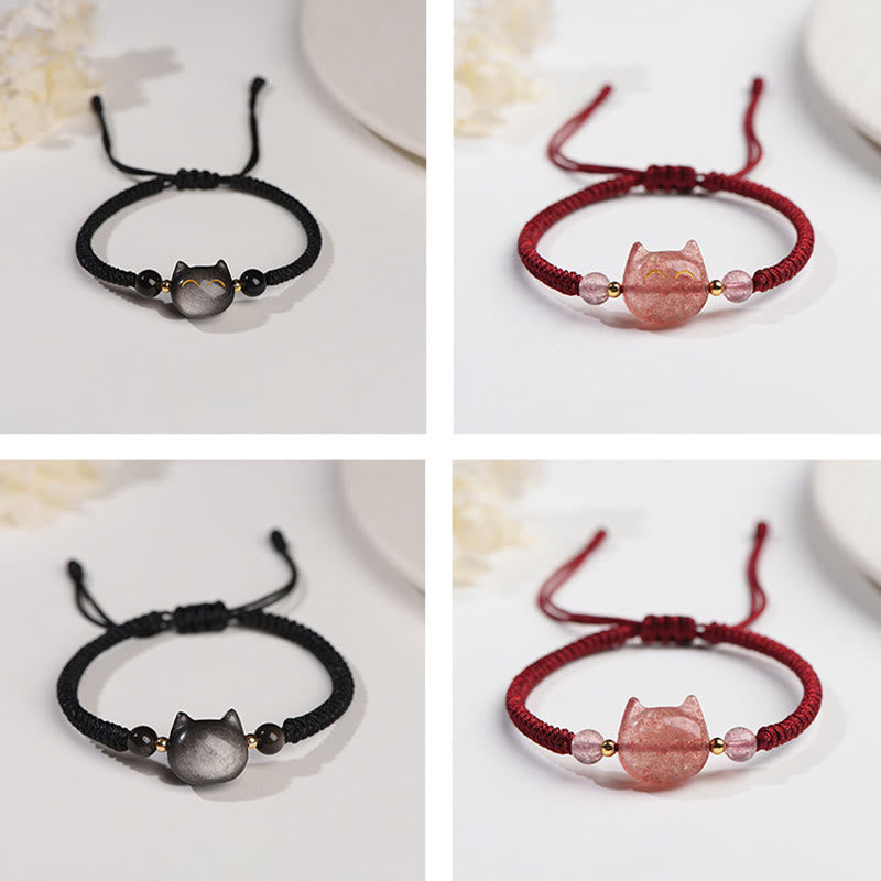Wear FengShui Handmade Natural Silver Sheen Obsidian Strawberry Quartz Cute Cat Protection Braided Bracelet