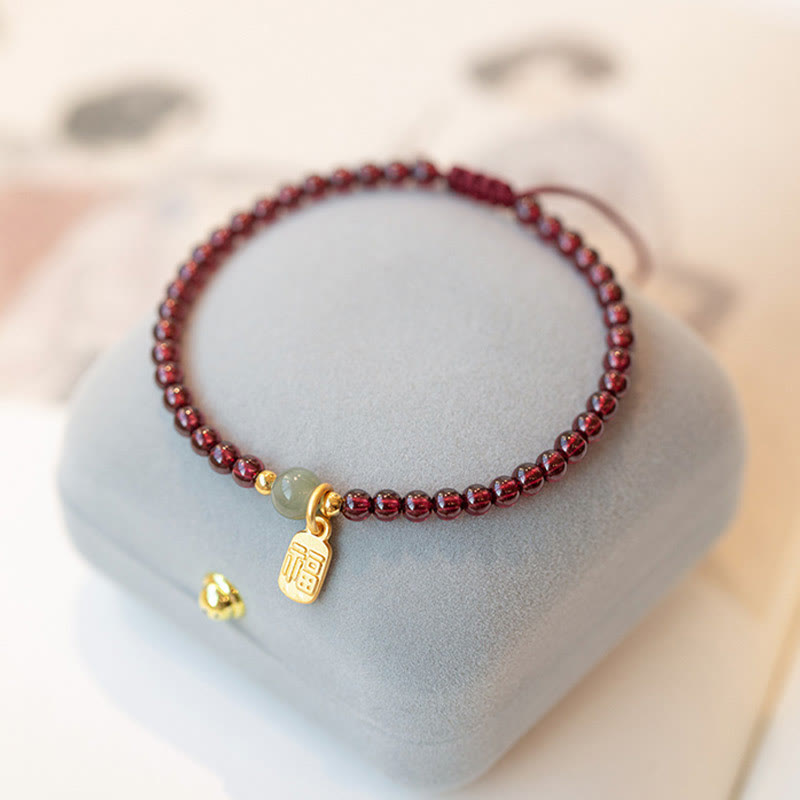 Wear FengShui Natural Strawberry Quartz Garnet Jade Lucky Fortune Fu Character Healing Charm Bracelet