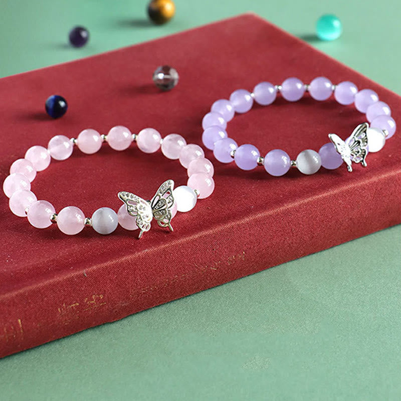 Wear FengShui Blue Chalcedony Pink Crystal Purple Chalcedony Butterfly Energy Bracelet