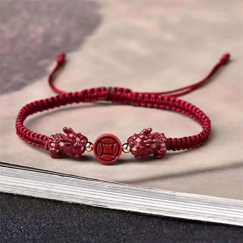 Wear FengShui Cinnabar PiXiu Blessing Copper Coin Peace Buckle Red String Bracelet
