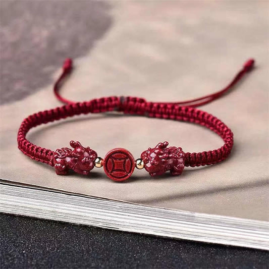 Wear FengShui Cinnabar PiXiu Blessing Copper Coin Peace Buckle Red String Bracelet