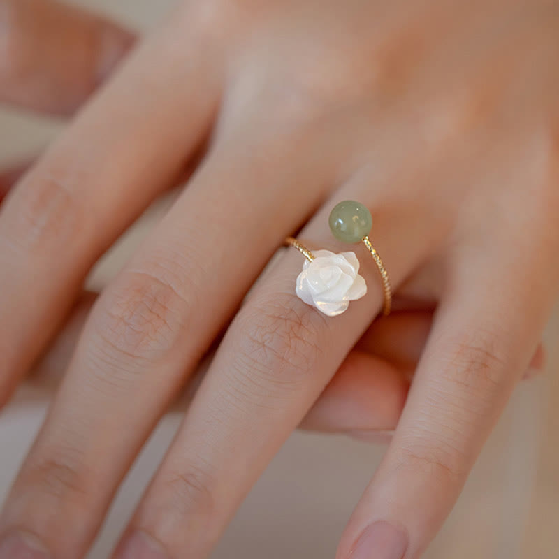 Wear FengShui 14K Gold Plated Tridacna Stone Rose Flower Jade Bead Blessing Ring
