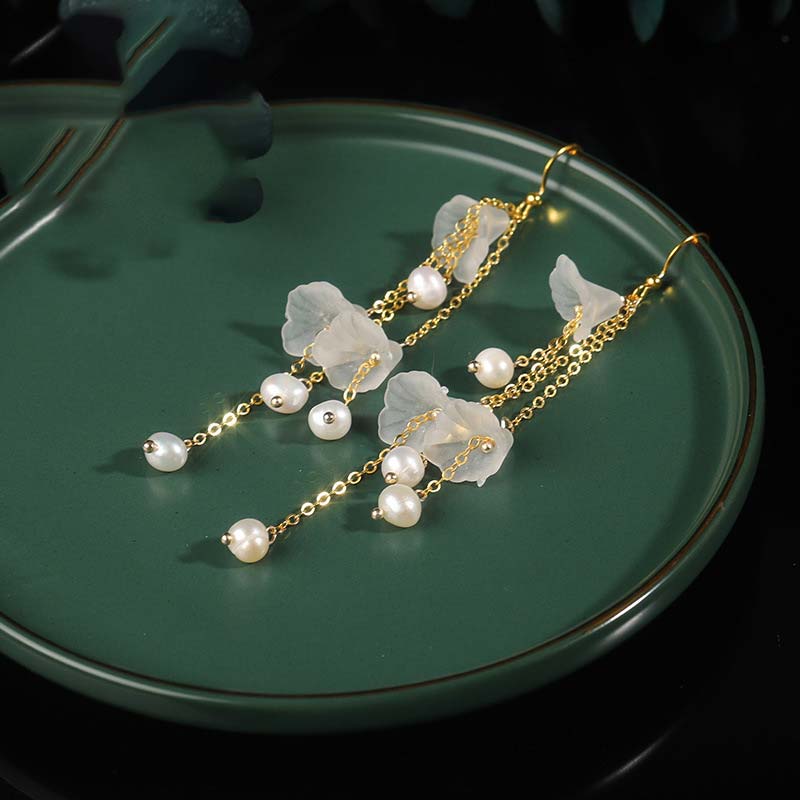 Wear FengShui Pearl Flower Petals Luck Drop Earrings