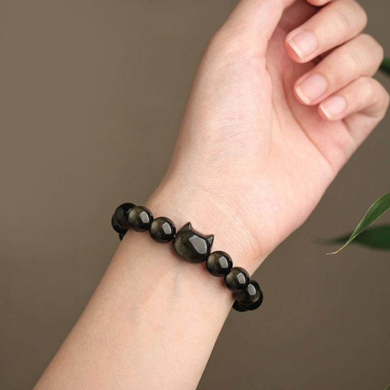 Wear FengShui Gold Sheen Obsidian Silver Sheen Obsidian Lovely Paw Lucky Cat Protection Bracelet