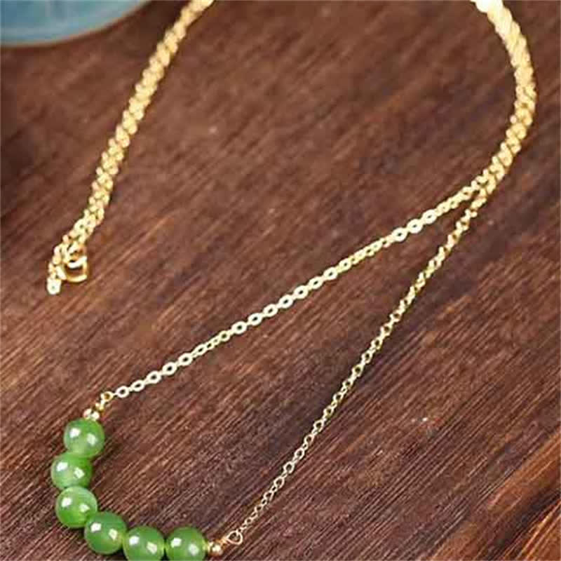 Wear FengShui 14k Gold Plated Hetian Cyan Jade Beaded Luck Necklace Pendant