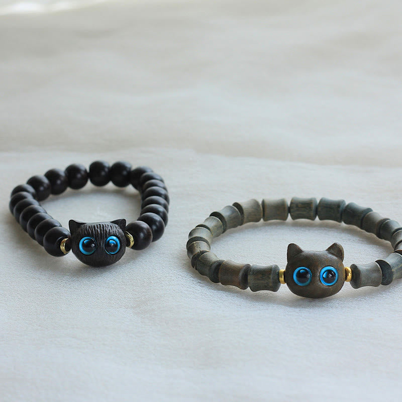 Wear FengShui Ebony Wood Green Sandalwood Cute Cat Peace Bracelet