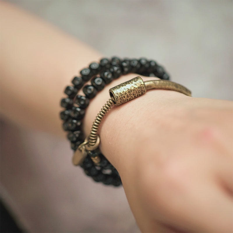 Wear FengShui Retro Coconut Shell Brass Copper Happiness Triple Wrap Bracelet