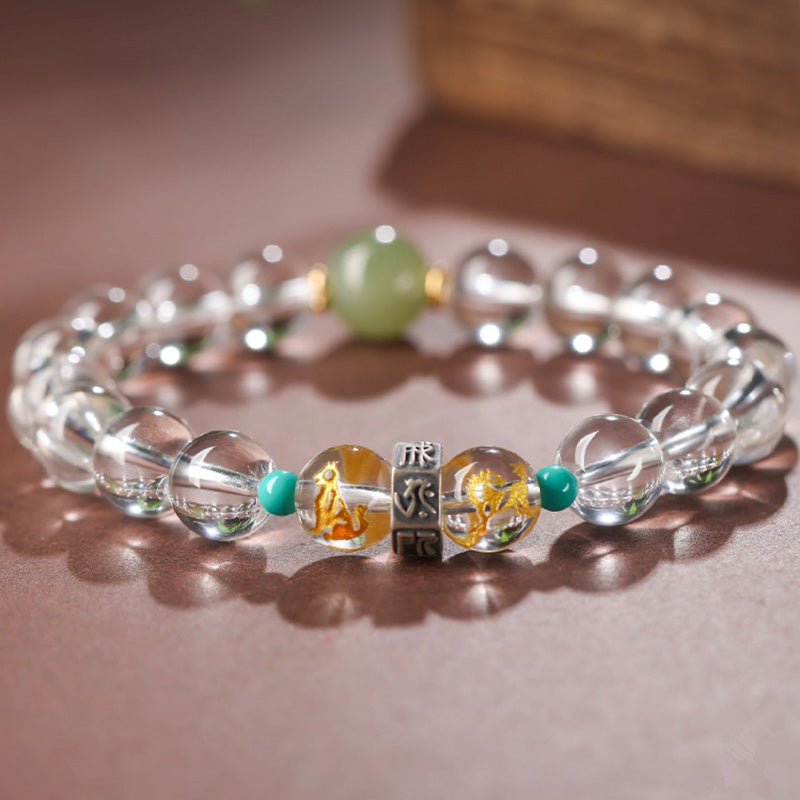 Wear FengShui 925 Sterling Silver Chinese Zodiac Natal Buddha Auspicious Groups White Crystal Hetian Jade Healing Bracelet