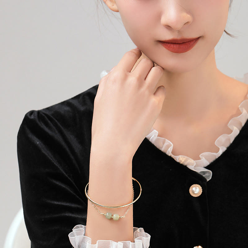 Wear FengShui Copper Plated Gold Hetian Jade Bead Luck Double Layer Bracelet Bangle