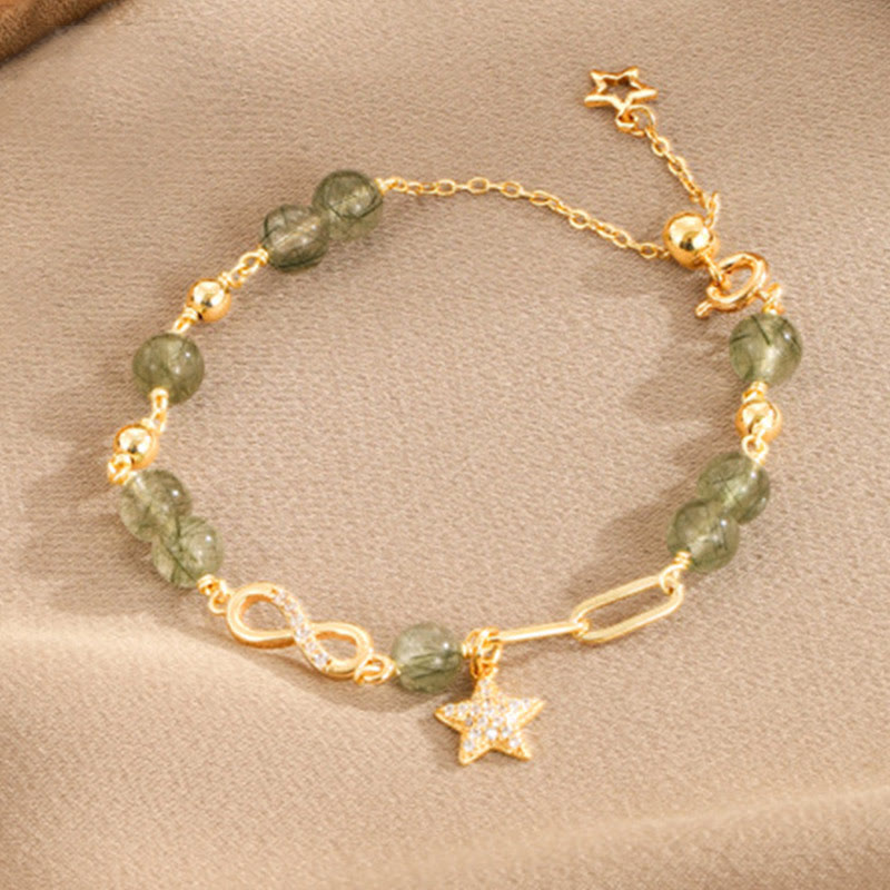 Wear FengShui 14k Gold Plated Copper Green Rutilated Quartz Möbius Loop Eternal Love Star Protection Bracelet