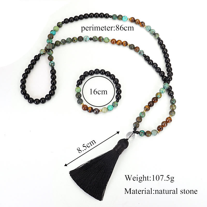 Wear FengShui 108 Mala Beads Natural Stone Tiger Eye Turquoise Protection Strength Bracelet Necklace